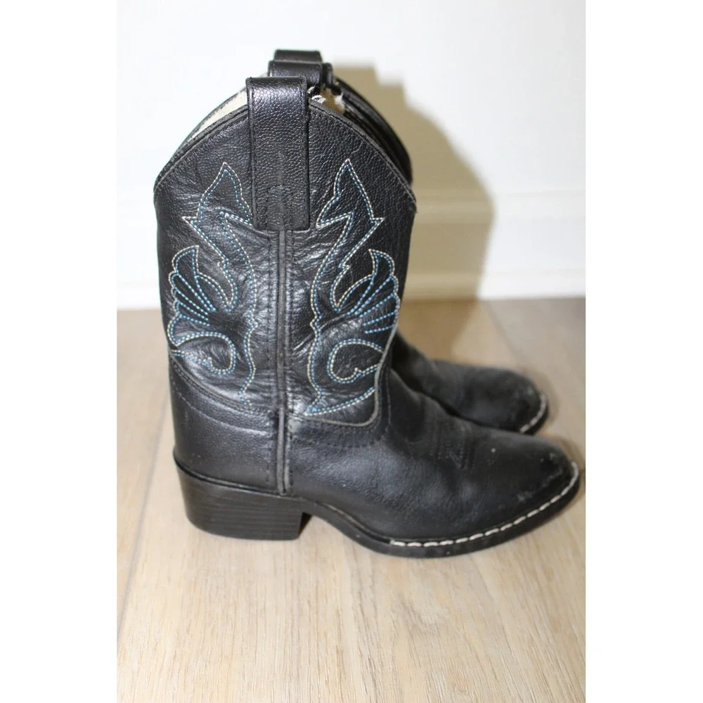 Kids Black Leather Western Cowboy Boots Blue Stitching Round Toe Size‎ 9